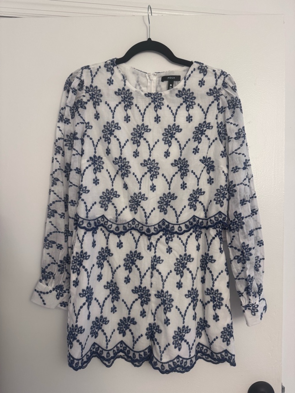 White & Navy AQUA Embroidered Long Sleeve Romper